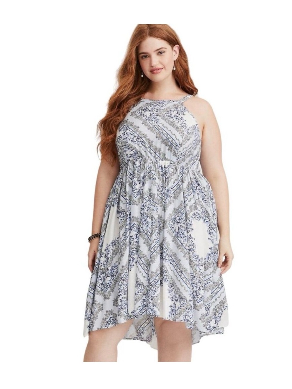 Torrid Dress Size Large Bandana Paisley High Neck Halter Style Hi Low Midi Blue